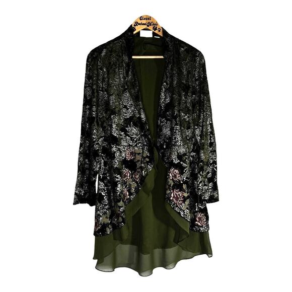 Chico’s Olive Baroque Burnout Velvet Open  FairyCored cardigan duster size 1 L - Picture 1 of 8
